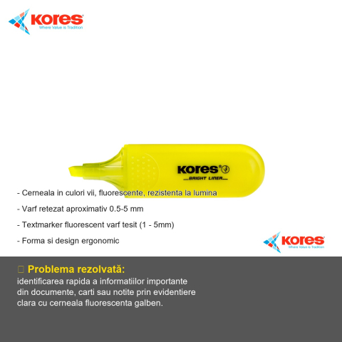 Textmarker Kores galben fluorescent, varf tesit 1-5 mm, cerneala pe baza de apa, pentru evidentierea textelor [1]
