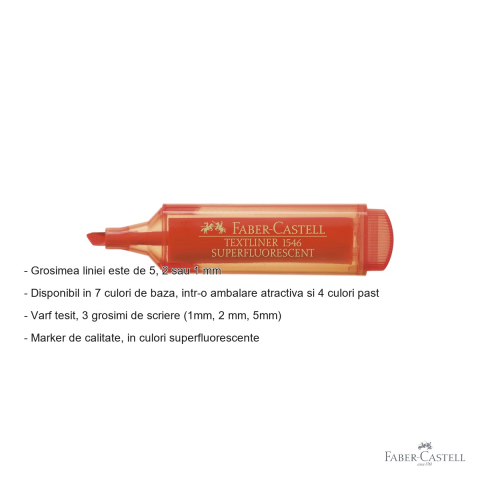 Textmarker portocaliu Faber-Castell 1546, varf tesit superfluorescent, cerneala pe baza de apa, pentru birou si studiu [1]
