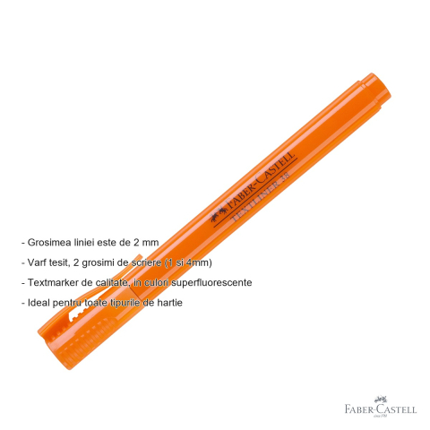 Textmarker portocaliu Faber-Castell 38, varf tesit, 2 grosimi de scriere, superfluorescent [1]