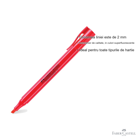 Textmarker rosu Faber-Castell 38, varf tesit, 2 grosimi de scriere, superfluorescent, pentru birou si studiu [2]