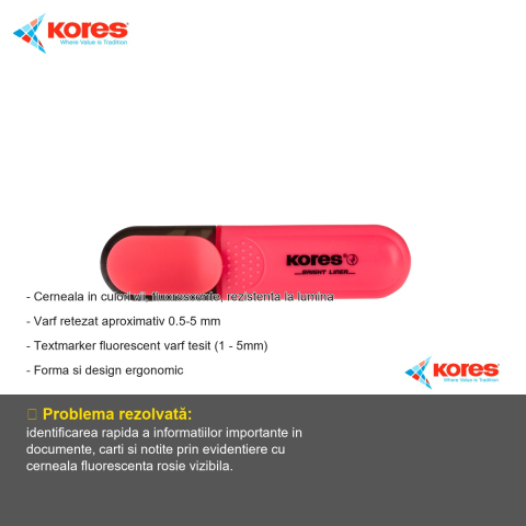 Textmarker rosu Kores, varf tesit 1-5 mm, cerneala fluorescenta pe baza de apa, pentru evidentiat texte [1]