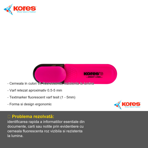 Textmarker roz Kores, varf tesit 1-5mm, cerneala fluorescenta pe baza de apa, pentru evidentiat texte [1]