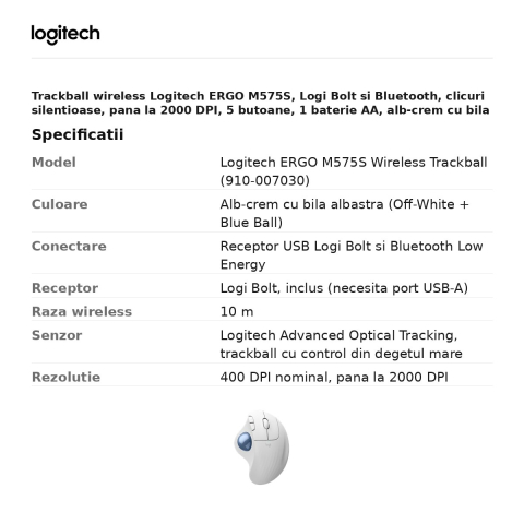 Trackball wireless Logitech ERGO M575S, Logi Bolt si Bluetooth, clicuri silentioase, pana la 2000 DPI, 5 butoane, 1 baterie AA, alb-crem cu bila albastra, 910-007030 [2]
