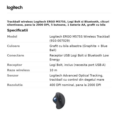 Trackball wireless Logitech ERGO M575S, Logi Bolt si Bluetooth, clicuri silentioase, pana la 2000 DPI, 5 butoane, 1 baterie AA, grafit cu bila albastra, 910-007029 [2]