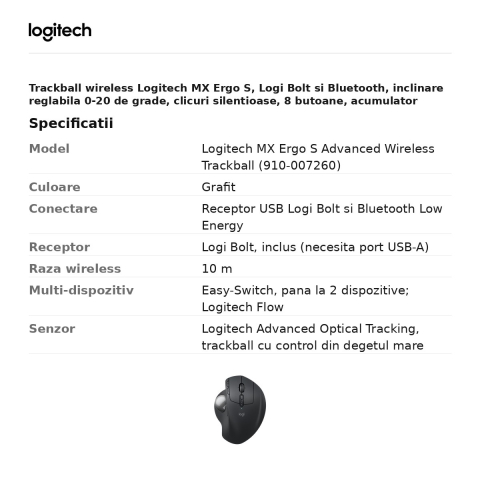 Trackball wireless Logitech MX Ergo S, Logi Bolt si Bluetooth, inclinare reglabila 0-20 de grade, clicuri silentioase, 8 butoane, acumulator USB-C 120 de zile, grafit, 910-007260 [2]