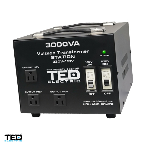 Transformator de tensiune TED Electric TED000248, 230 V la 110-115 V, reversibil, 3000 VA / 2400 W, carcasa cu 3 prize universale si bloc terminale, 285 x 190 x 201 mm [0]