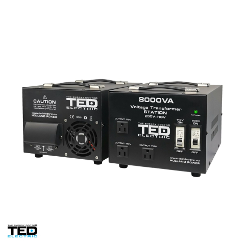 Transformator de tensiune TED Electric TED000262, 230 V la 110-115 V, reversibil, 8000 VA / 6400 W, carcasa cu 3 prize universale si bloc terminale, 335 x 220 x 230 mm [3]