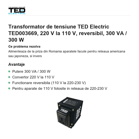 Transformator de tensiune TED Electric TED003669, 220 V la 110 V, reversibil, 300 VA / 300 W [1]