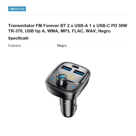 Transmitator FM Forever BT 2 x USB-A 1 x USB-C PD 30W TR-370, USB tip A, WMA, MP3, FLAC, WAV, Negru [2]