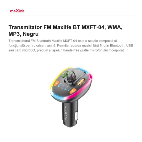 Transmitator FM Maxlife BT MXFT-04, WMA, MP3, Negru [1]