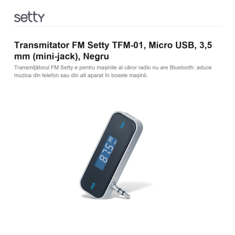 Transmitator FM Setty TFM-01, Micro USB, 3,5 mm (mini-jack), Negru [1]
