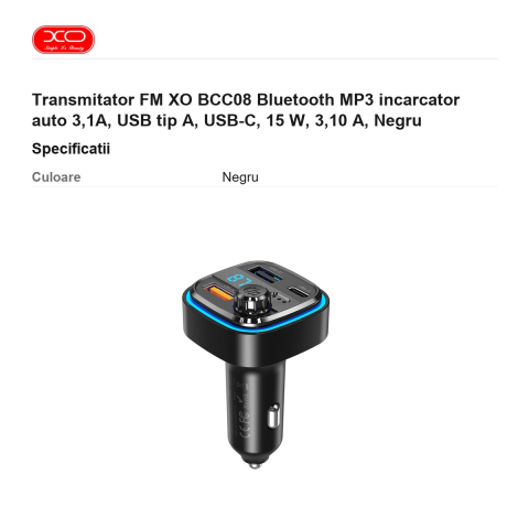 Transmitator FM XO BCC08 Bluetooth MP3 incarcator auto 3,1A, USB tip A, USB-C, 15 W, 3,10 A, Negru [2]