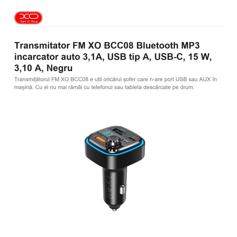 Transmitator FM XO BCC08 Bluetooth MP3 incarcator auto 3,1A, USB tip A, USB-C, 15 W, 3,10 A, Negru [1]