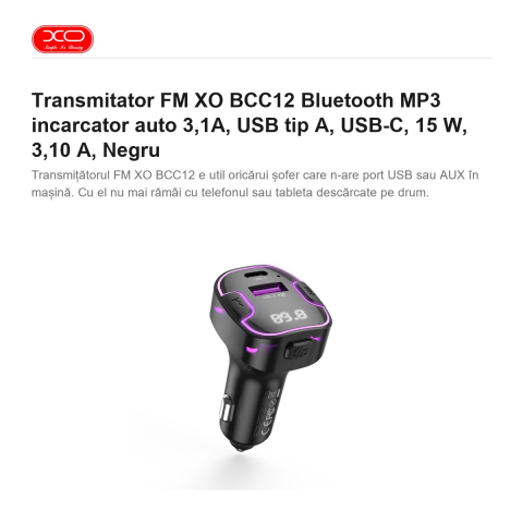 Transmitator FM XO BCC12 Bluetooth MP3 incarcator auto 3,1A, USB tip A, USB-C, 15 W, 3,10 A, Negru [1]
