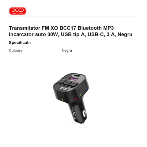 Transmitator FM XO BCC17 Bluetooth MP3 incarcator auto 30W, USB tip A, USB-C, 3 A, Negru [2]