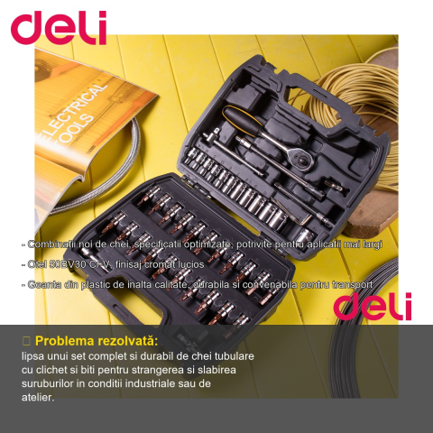 Trusa chei tubulare cu clichet si biti Deli, 46 piese, otel Cr-V, pentru industrie si intretinere [1]
