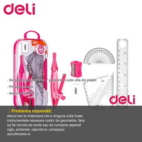 Trusa geometrie Deli, 7 piese in cutie plastic, rigla, echere, raportor, compas, pentru scoala [1]
