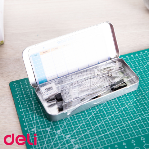 Trusa geometrie Deli, 9 piese in cutie metalica, set complet pentru scoala si desen tehnic [3]