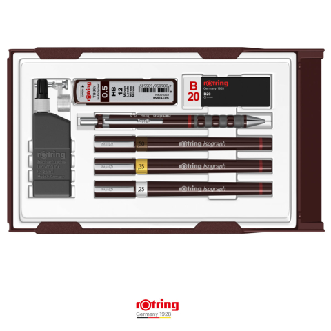 Birotica papetarie - Trusa Isograph College Rotring pentru Desen Tehnic, Set Profesional cu 3 Stilouri, Creion si Accesorii