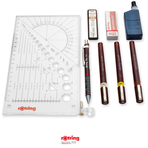 Trusa Isograph College Rotring pentru Desen Tehnic, Set Profesional cu 3 Stilouri, Creion si Accesorii [1]