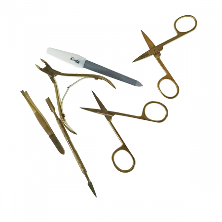 Trusa manichiura cu 6 instrumente si geanta depozitare, MM16-V20 81010, pila, spatula, penseta, 2 forfecute, cleste, auriu cu negru [1]
