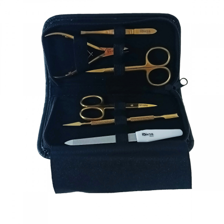 Casnice - Trusa manichiura cu 6 instrumente si geanta depozitare, MM16-V20 81010, pila, spatula, penseta, 2 forfecute, cleste, auriu cu negru