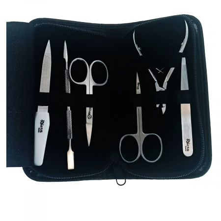 Casnice - Trusa manichiura cu 6 instrumente si geanta depozitare, MM17-V18 81014, pila, spatula, penseta, 2 forfecute, cleste, negru cu argintiu