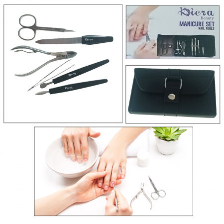 Trusa manichiura si pedichiura cu 6 instrumente si geanta depozitare, MM15-V19 81009, forfecuta, pila, cleste colturi, penseta, 2 spatule, negru cu argintiu [5]