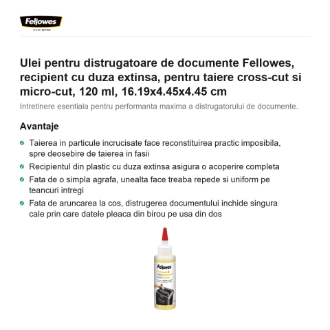 Ulei pentru distrugatoare de documente Fellowes, recipient cu duza extinsa, pentru taiere cross-cut si micro-cut, 120 ml, 16.19x4.45x4.45 cm [1]