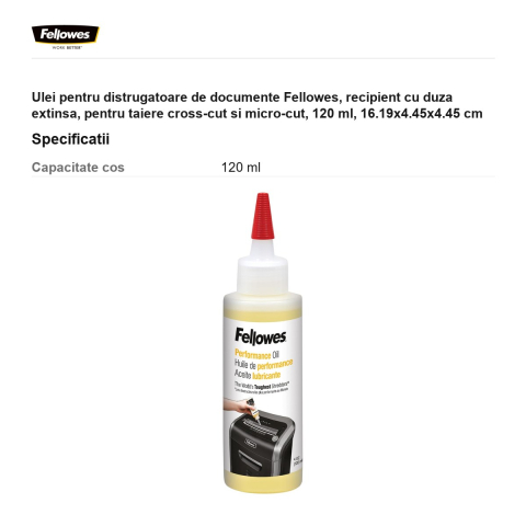 Ulei pentru distrugatoare de documente Fellowes, recipient cu duza extinsa, pentru taiere cross-cut si micro-cut, 120 ml, 16.19x4.45x4.45 cm [2]