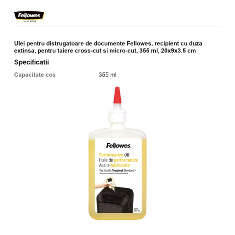 Ulei pentru distrugatoare de documente Fellowes, recipient cu duza extinsa, pentru taiere cross-cut si micro-cut, 355 ml, 20x9x3.5 cm [2]