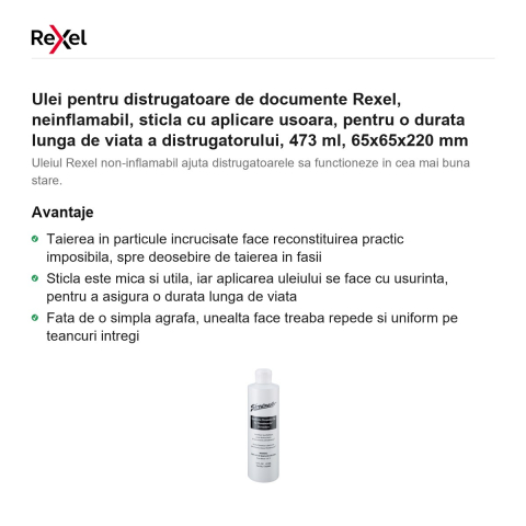 Ulei pentru distrugatoare de documente Rexel, neinflamabil, sticla cu aplicare usoara, pentru o durata lunga de viata a distrugatorului, 473 ml, 65x65x220 mm [1]