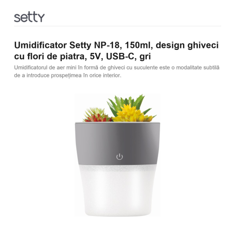 Umidificator Setty NP-18, 150ml, design ghiveci cu flori de piatra, 5V, USB-C, gri [1]