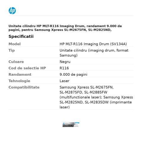 Unitate cilindru HP MLT-R116 Imaging Drum, randament 9.000 de pagini, pentru Samsung Xpress SL-M2675FN, SL-M2825ND, SL-M2835DW, SL-M2875FD, SL-M2885FW, negru, SV134A [2]