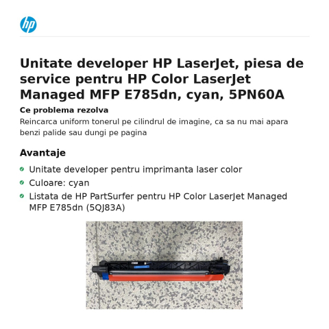 Unitate developer HP LaserJet, piesa de service pentru HP Color LaserJet Managed MFP E785dn, cyan, 5PN60A [1]