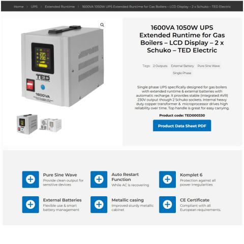 UPS Centrala Termica 1600VA 1050W Runtime Extins • Sinus Pur • 2xSchuko • LCD • 2xBaterii Externe • Komplet6 Protectie • TED Electric TED000330 [2]