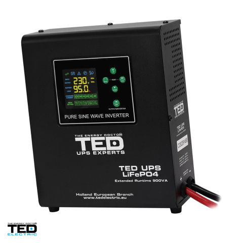 UPS de perete pentru centrala termica TED Electric TED006653, 900 VA / 500 W, autonomie extinsa cu acumulator extern 12 V neinclus, unda sinusoidala pura, 2 prize Schuko, afisaj LED [0]