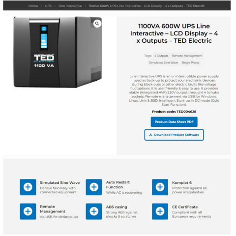 UPS Line Interactive 1100VA 600W LCD 4 Iesiri Schuko Management USB AVR pentru Retelistica & Electronice Casnice TED Electric TED004628 [4]