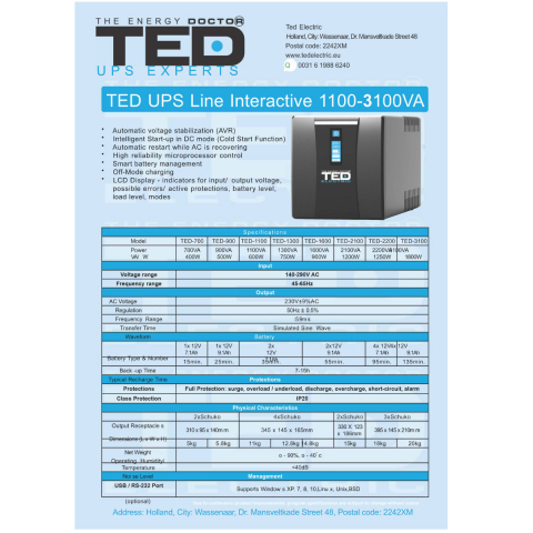 UPS Line Interactive 1100VA 600W LCD 4 Iesiri Schuko Management USB AVR pentru Retelistica & Electronice Casnice TED Electric TED004628 [6]