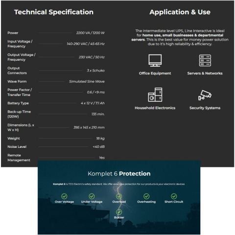 UPS Line Interactive 2200VA 1250W LCD 3 Iesiri Schuko Management USB AVR Autonomie Extinsa pentru Servere & Sisteme Securitate TED Electric TED004666 [5]