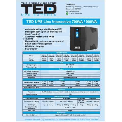 UPS Line Interactive 900VA 500W LCD 2 Iesiri Schuko Management USB AVR pentru PC & Electronice Casnice TED Electric TED003942 [5]