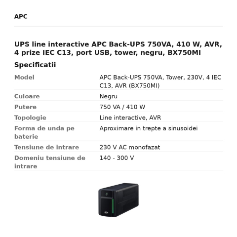 UPS line interactive APC Back-UPS 750VA, 410 W, AVR, 4 prize IEC C13, port USB, tower, negru, BX750MI [2]