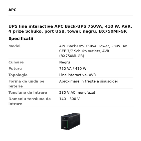 UPS line interactive APC Back-UPS 750VA, 410 W, AVR, 4 prize Schuko, port USB, tower, negru, BX750MI-GR [2]