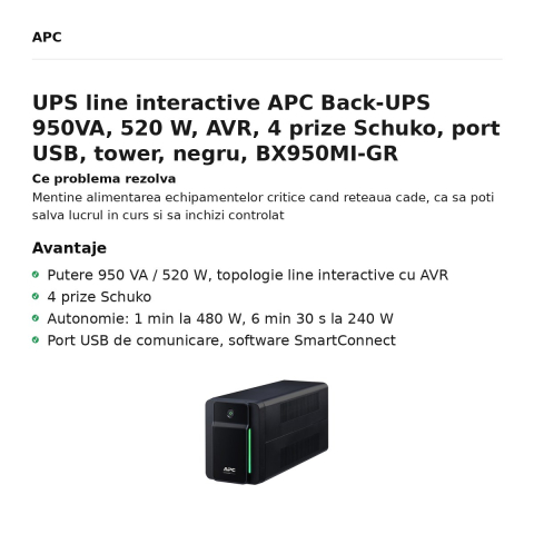 UPS line interactive APC Back-UPS 950VA, 520 W, AVR, 4 prize Schuko, port USB, tower, negru, BX950MI-GR [1]