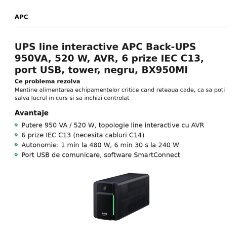 UPS line interactive APC Back-UPS 950VA, 520 W, AVR, 6 prize IEC C13, port USB, tower, negru, BX950MI [1]