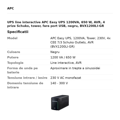 UPS line interactive APC Easy UPS 1200VA, 650 W, AVR, 4 prize Schuko, tower, fara port USB, negru, BVX1200LI-GR [2]
