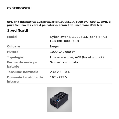 UPS line interactive CyberPower BR1000ELCD, 1000 VA / 600 W, AVR, 8 prize Schuko din care 4 pe baterie, ecran LCD, incarcare USB-A si USB-C, port USB, desktop, negru [2]