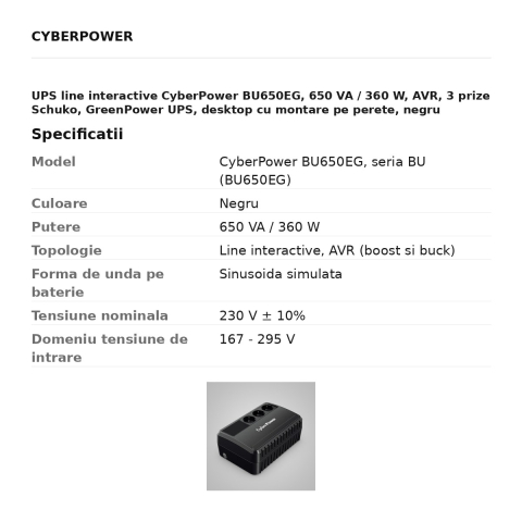 UPS line interactive CyberPower BU650EG, 650 VA / 360 W, AVR, 3 prize Schuko, GreenPower UPS, desktop cu montare pe perete, negru [2]