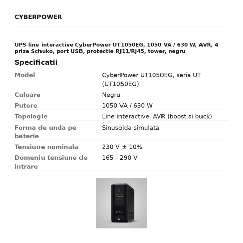 UPS line interactive CyberPower UT1050EG, 1050 VA / 630 W, AVR, 4 prize Schuko, port USB, protectie RJ11/RJ45, tower, negru [2]