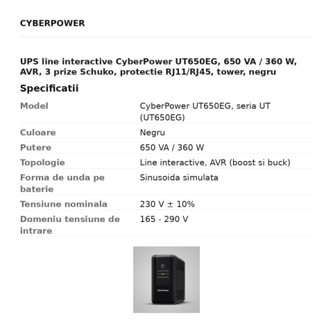 UPS line interactive CyberPower UT650EG, 650 VA / 360 W, AVR, 3 prize Schuko, protectie RJ11/RJ45, tower, negru [2]
